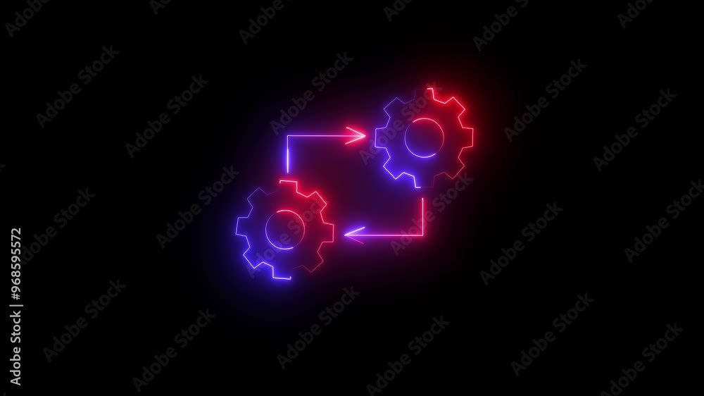Two neon spinning gears animation on black background. Spinning cogwheels video. Improve Project and Explainer setting icon. Repair, refresh service icon. Two neon spinning gears animation on black background. Spinning cogwheels video. Improve Project and Explainer setting icon. Repair, refresh service icon.
