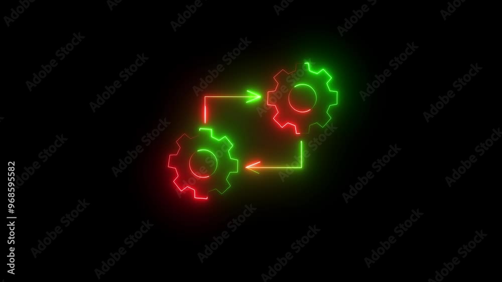 Two neon spinning gears animation on black background. Spinning cogwheels video. Improve Project and Explainer setting icon. Repair, refresh service icon. Two neon spinning gears animation on black background. Spinning cogwheels video. Improve Project and Explainer setting icon. Repair, refresh service icon.