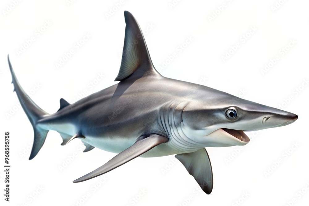 Obraz premium shark species, marine wildlife, underwater world, sea creature, endangered species, exotic, big fish, wildlife, Close up of a great hammerhead shark isolated on a white background