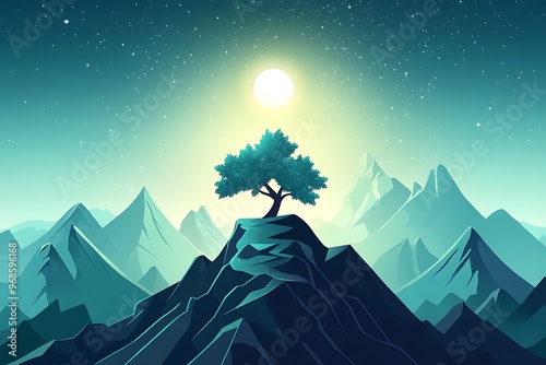 mountain illustration landscape with a large moon and clear cky, with tree silhouette photo