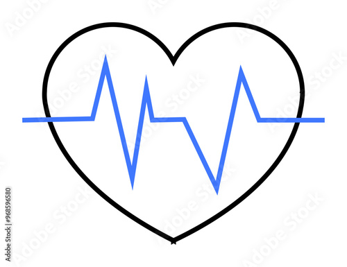 A black heart outline with a blue electrocardiogram line inside. Ideal for medical, healthcare, cardiology, fitness, and wellness themes. Simple vector style, emphasizing heart health and monitoring.