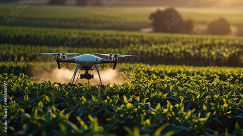 Agricultural drone sprays pesticides over a farm field of crops