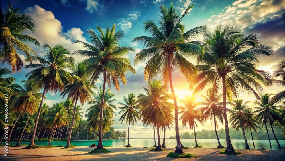 Fototapeta premium Tropical landscape with palm trees and beautiful light leaks, perfect for copy space