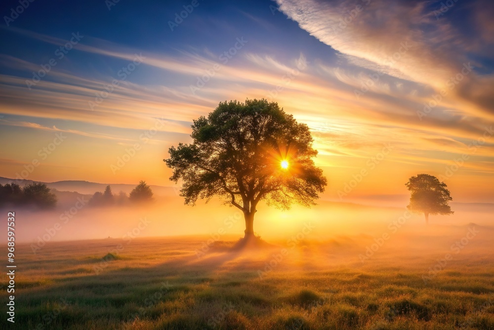 A breathtaking landscape photo of the sunrise casting warm lighting on a lone tree in the midst of fog creating a serene and dreamy atmosphere, tree, warm lighting, long shot, landscape A breathtaking landscape photo of the sunrise casting warm lighting on a lone tree in the midst of fog creating a serene and dreamy atmosphere, tree, warm lighting, long shot, landscape