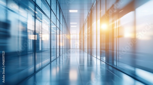 Sunlit Modern Office Corridor with Glass Walls photo