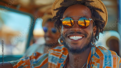 A group of friends taking a road trip, with a car packed with bags and excited smiles