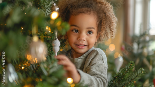 A family decorating a Christmas tree, with twinkling lights and festive ornaments