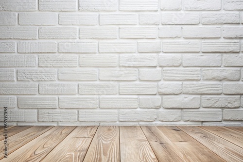 A stock photo showing a bird s eye view of a white brickwork textured background with a white wooden floor, background, wall, bird's eye view, wooden, textured, white brickwork
