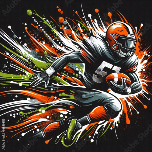 American football player running with intense energy and colorful splashes

