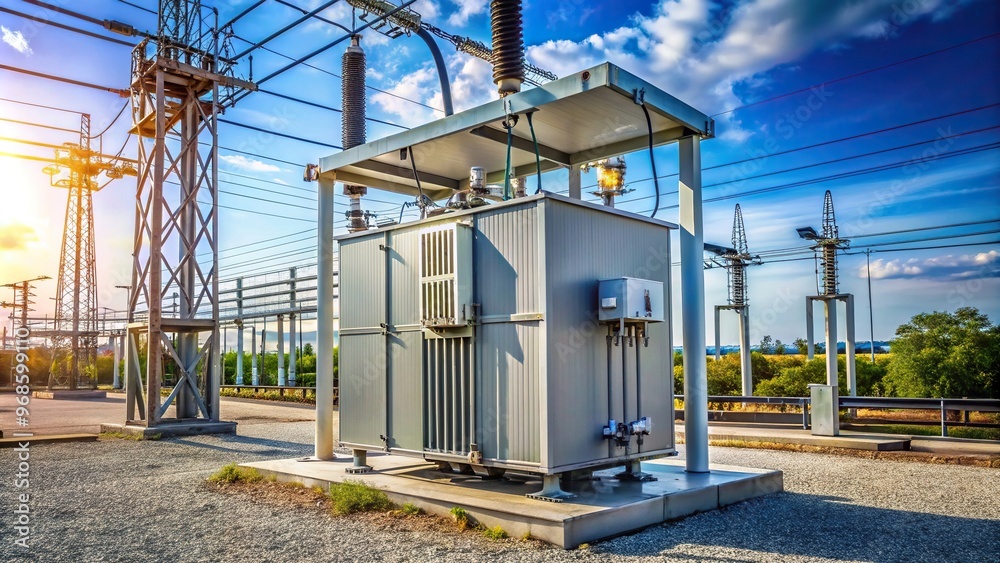 Power utility box on a power transformer in substation switchyard low angle view, energy, industry, circuit, electrical substation, substation, equipment, power station, infrastructure Power utility box on a power transformer in substation switchyard low angle view, energy, industry, circuit, electrical substation, substation, equipment, power station, infrastructure