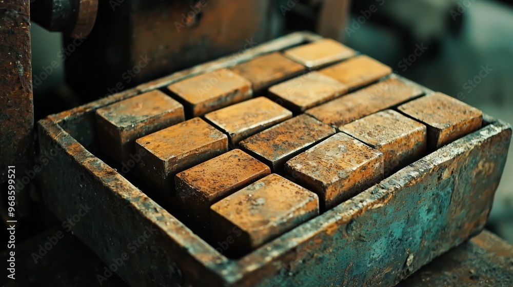 Industrial Lead Ingots on Rusted Tray with Blurred Machinery Background Industrial Lead Ingots on Rusted Tray with Blurred Machinery Background