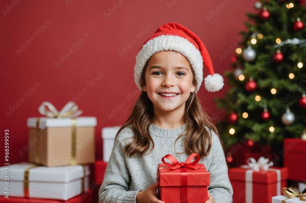 happy child with a reindeer hat smiling while receiving christmas presents from her family against a red background