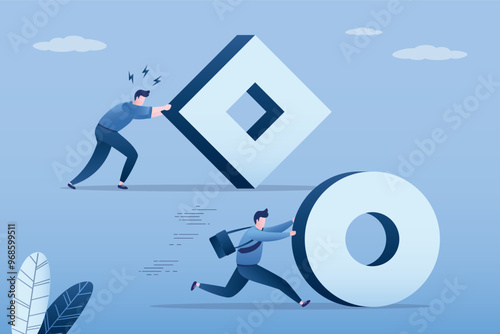 Businessman pushing sphere and leading the race against other man of slower pushing square box. Business competition. Winner and loser. Innovation and wisdom helping winning.