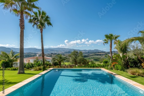 Large Swimming Pool Surrounded by Palm Trees in Algarve Country House Garden with Flat Green Lawn, Blue Sky, and Mountains in the Background on a Sunny Day