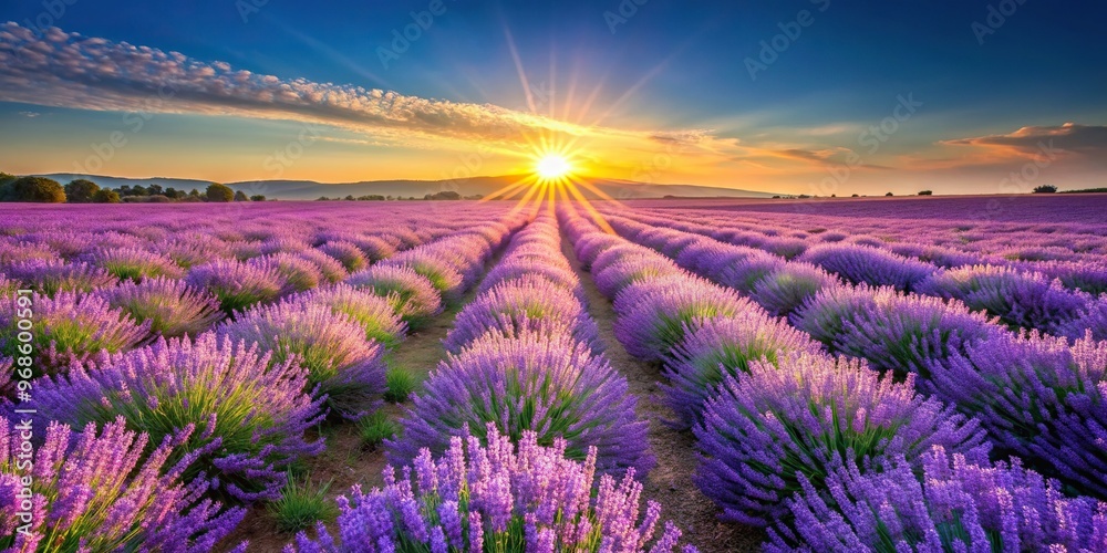 Obraz premium nature, purple, outdoors, blooms, A stunning field of vibrant lavender blooms stretching as far as the eye can see illuminated by the golden rays of the sun against a clear blue sky