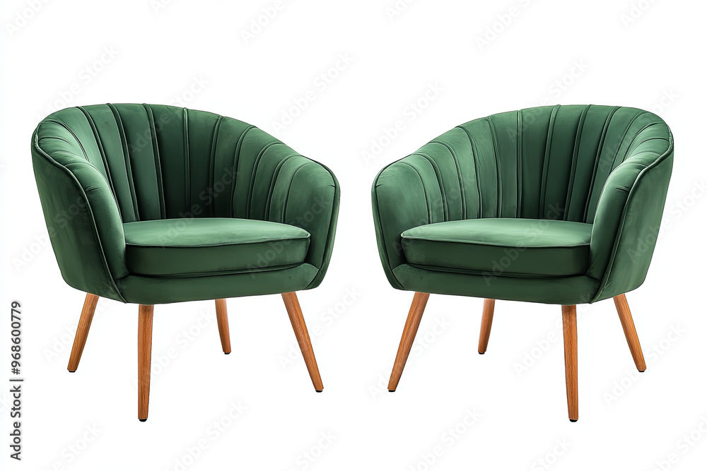 Green velvet armchair set with wooden legs isolated on white background Green velvet armchair set with wooden legs isolated on white background