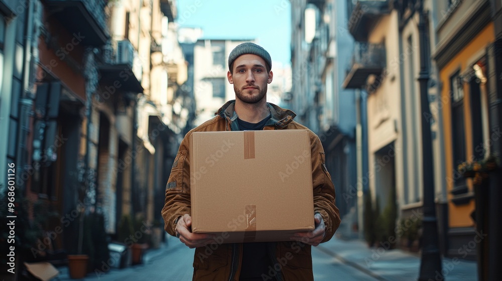 young strong man in a work suit is holding a large box in his hands on city street young strong man in a work suit is holding a large box in his hands on city street