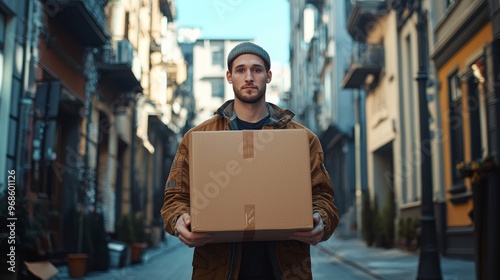 young strong man in a work suit is holding a large box in his hands on city street