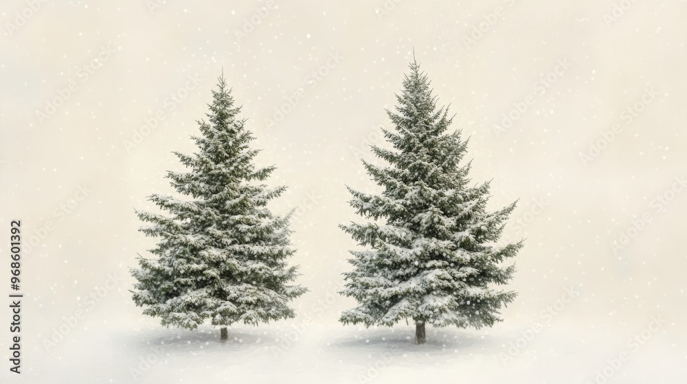 Two snow-covered pine trees on a Two snow-covered pine trees on a