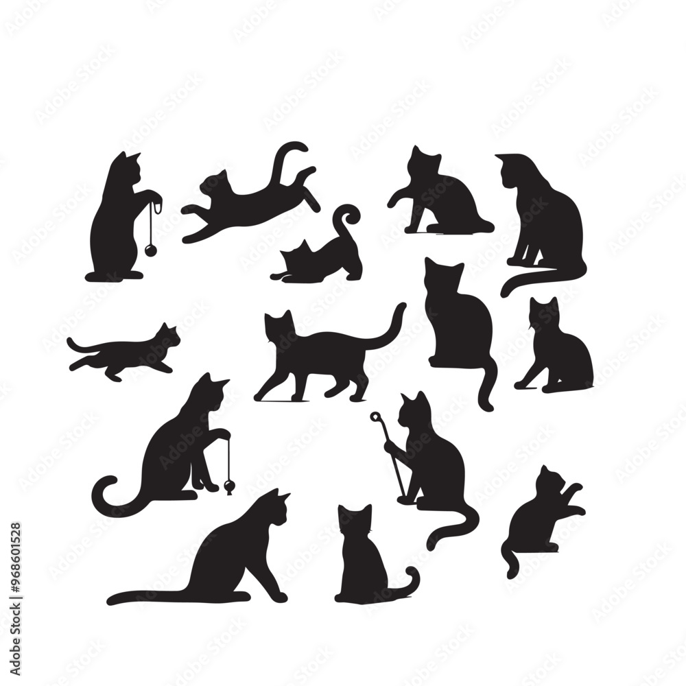 Cat playing silhouette. Funny cat vector silhouette. Cat fun with child, rat, man.