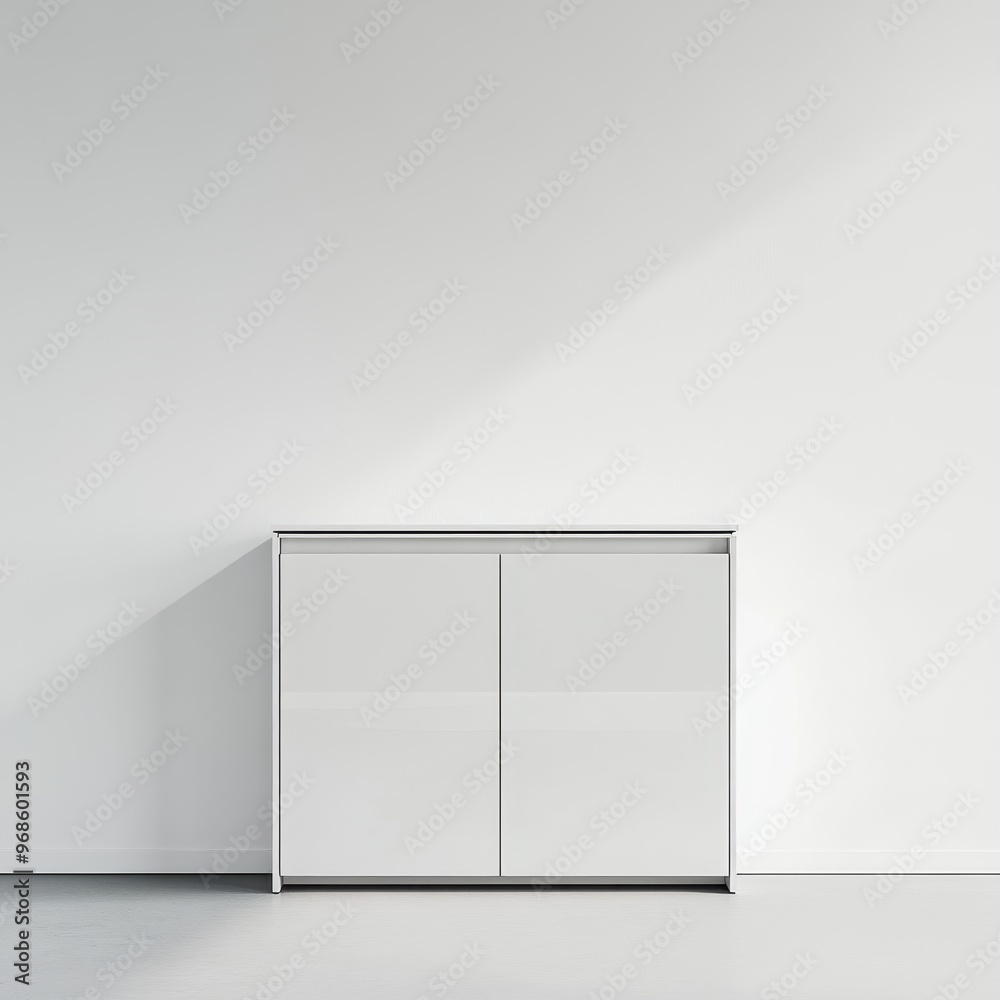 A minimalist white cabinet against a plain wall, ideal for storage and organization. A minimalist white cabinet against a plain wall, ideal for storage and organization.