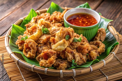 Fisheye stock photo of crispy chicharon bulaklak a popular Filipino street food made from deep fried pork intestines served with vinegar dip, crispy snack, snack, local delicacy, appetizer photo