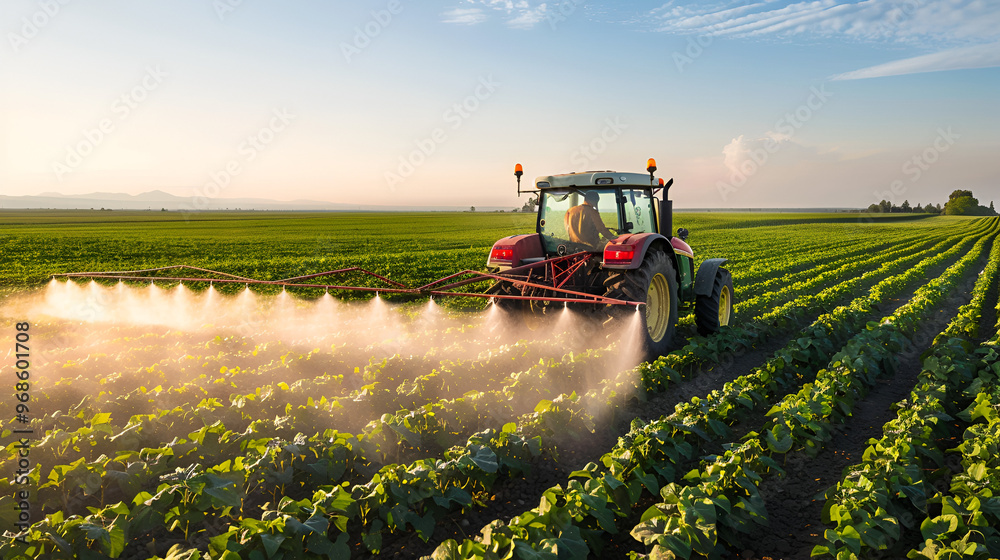 Fototapeta premium tractor spraying field ,generative ai