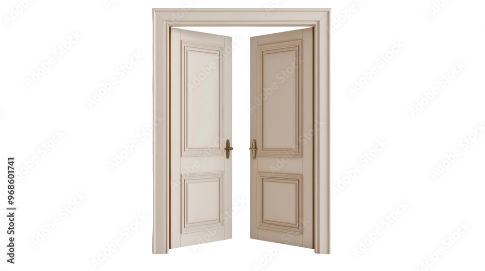 Open beige double door on transparent background