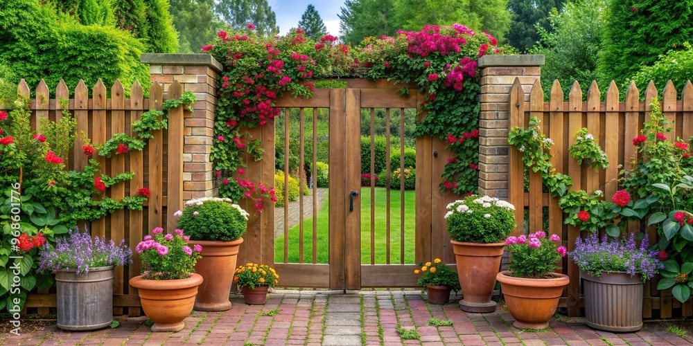 Fototapeta premium nature, peaceful, landscaping, outdoors, tranquil, colorful, symmetry, Entrance to a charming flower garden with a symmetrical wooden fence and flower pots at the entrance