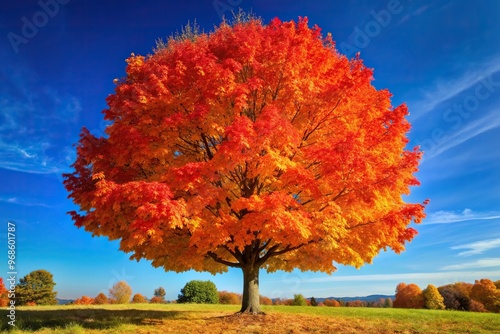 landscape, fall, tree, seasonal, rock maple, nature, Photo of a single sugar maple tree in full autumn foliage displaying vibrant shades of red orange and yellow against a clear blue sky