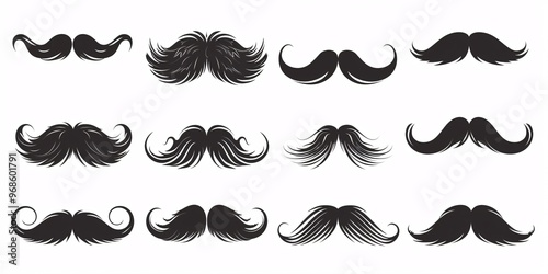 A dark mustache symbol on a plain white backdrop. Collection of mustache icons.