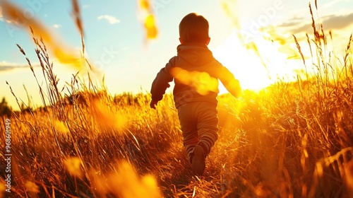 Wonderstruck Child Exploring Golden Hour Field of Tall Grass with Vibrant Colors and Long Shadows photo