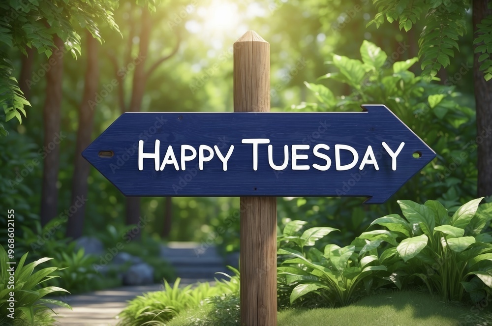 Fototapeta premium Happy Tuesday Signpost in a Lush Green Forest