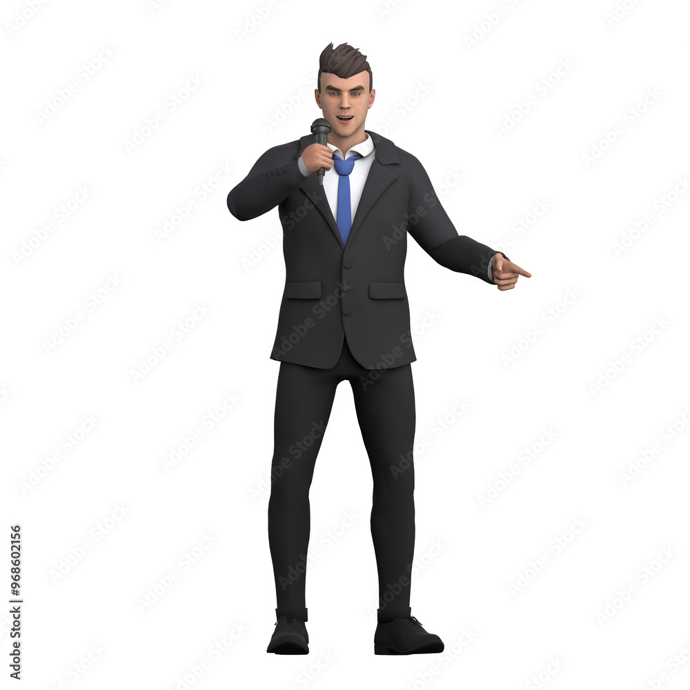 3D Professional Lawyer Character. A male lawyer is giving a presentation confidently while holding a microphone, showing a firm and authoritative attitude. Male Attorney 3D Professional Lawyer Character. A male lawyer is giving a presentation confidently while holding a microphone, showing a firm and authoritative attitude. Male Attorney