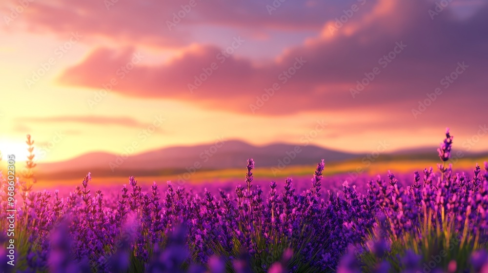 Obraz premium Delicate lavender fields stretching to the horizon, soft focus, dreamy pastel palette, digital painting, evokes a calm and serene spring landscape
