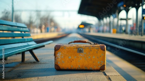 Forgotten Journey - Lonely Suitcase at Deserted Train Station Platform photo