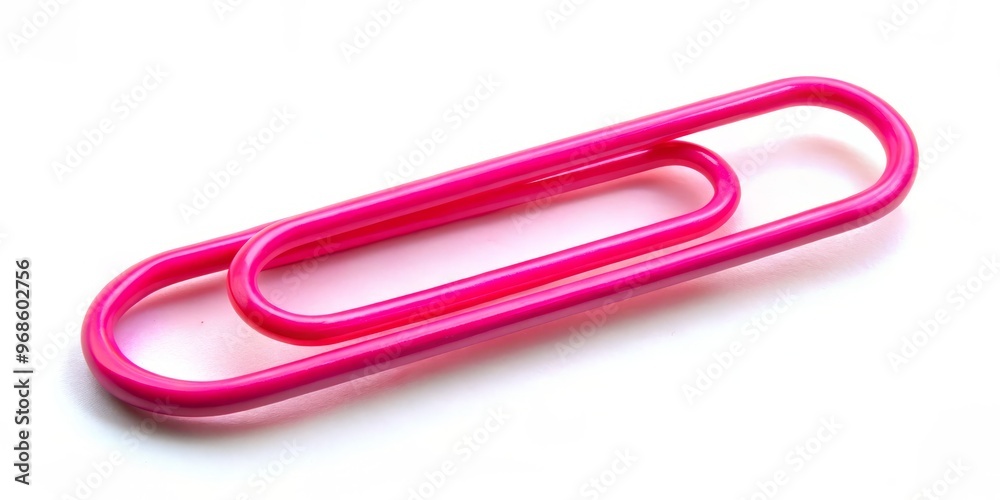 Pink office paperclip stands out on a pristine white background, its metal curves and twists showcasing the beauty Pink office paperclip stands out on a pristine white background, its metal curves and twists showcasing the beauty