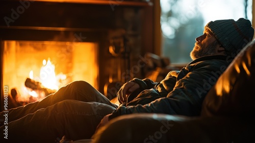 Despair in Comfort: Figure on Cozy Sofa by Dark Fireplace, Empty Mantle, Stark Contrast of Warmth and Hopelessness