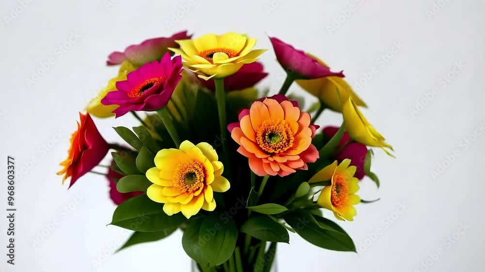 Vibrant bouquet of yellow, orange, and pink gerbera daisies slowly rotates, showcasing its beauty and freshness against a clean white backdrop Vibrant bouquet of yellow, orange, and pink gerbera daisies slowly rotates, showcasing its beauty and freshness against a clean white backdrop