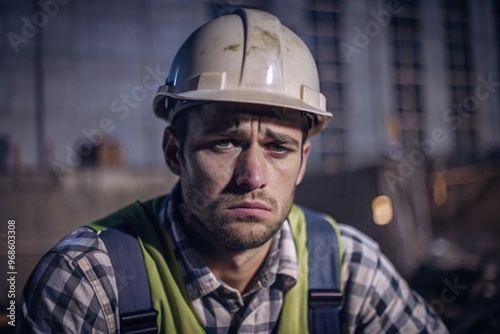 Exhausted construction worker at construction site labor day