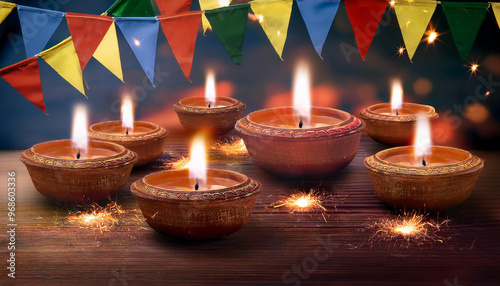 Happy Diwali festival of lights colorful banner template design with decorative diya lamp photo