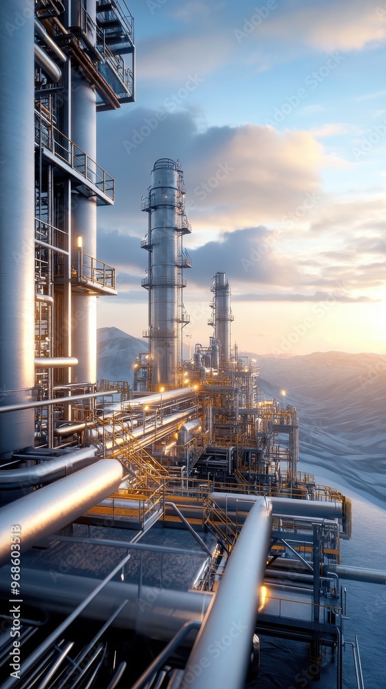 Aerial shot of oil refinery in desert landscape at sunset. Aerial shot of oil refinery in desert landscape at sunset.