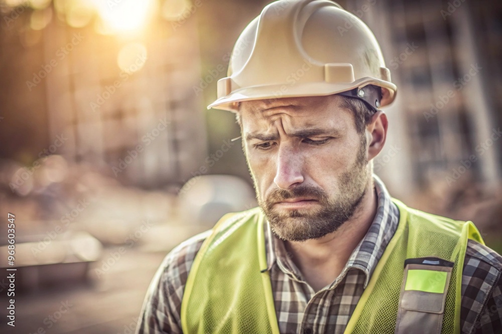 Exhausted construction worker at construction site labor day Exhausted construction worker at construction site labor day