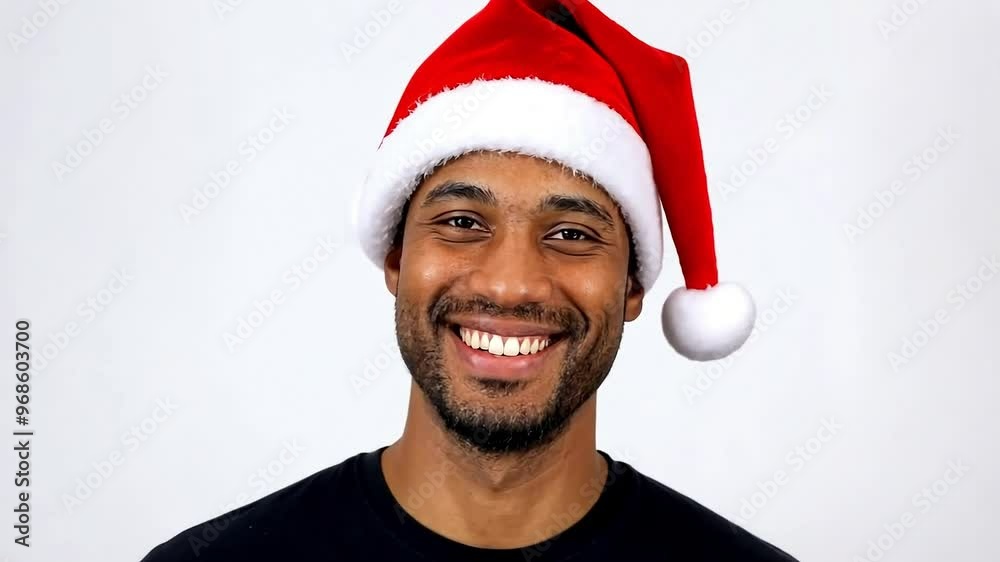 Young man with a beard, wearing a festive santa hat against a white backdrop, showcasing a range of joyful emotions and radiating positivity during the holiday season Young man with a beard, wearing a festive santa hat against a white backdrop, showcasing a range of joyful emotions and radiating positivity during the holiday season