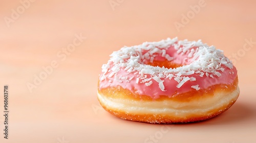Wallpaper Mural A single doughnut topped with vibrant pink icing and a sprinkle of coconut flakes, set on a peach fuzz tone background. The doughnut is in sharp focus with deep depth of field, leaving space for text Torontodigital.ca