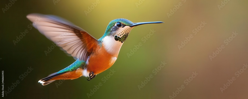 Close-up of colorful hummingbird mid-flight