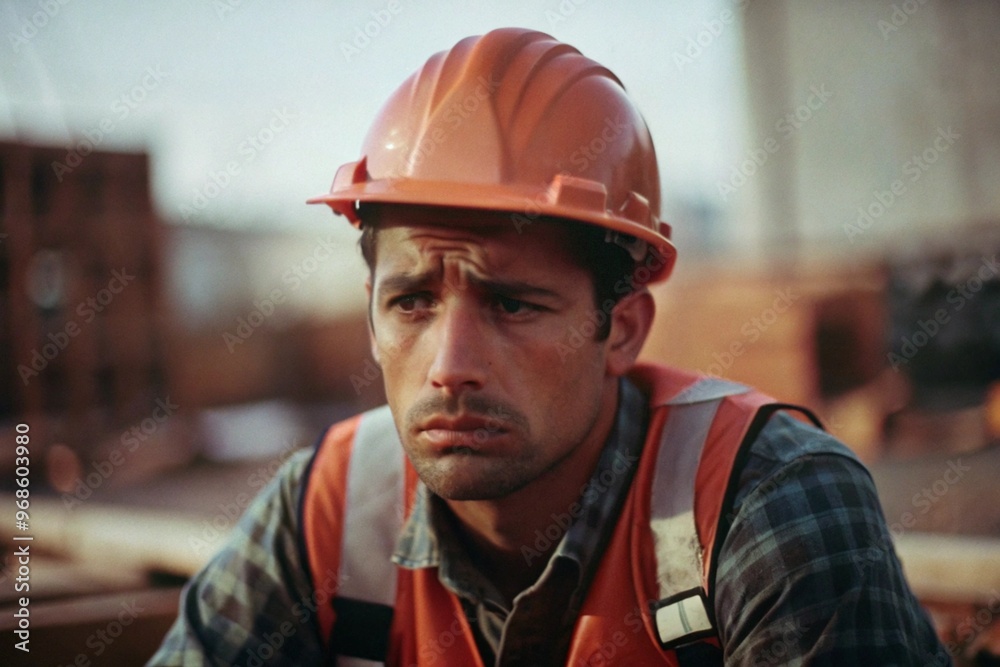 Exhausted construction worker at construction site labor day Exhausted construction worker at construction site labor day