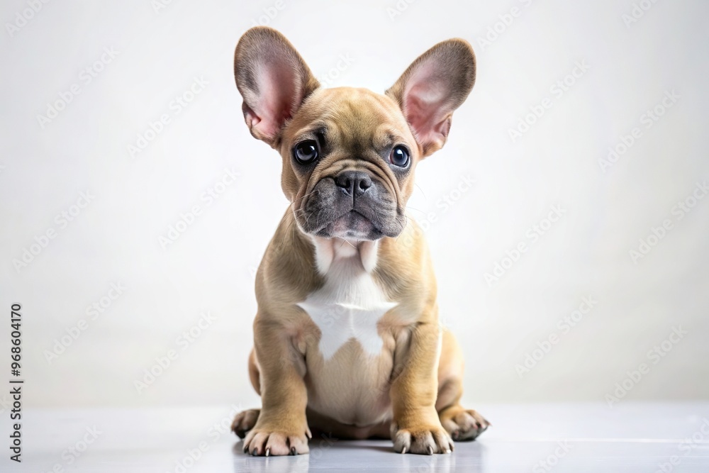 A playful French Bulldog puppy sits on a clean white background its adorable features reflected below, canine, attentive, expression, dog, adorable, young, cute, domestic animal A playful French Bulldog puppy sits on a clean white background its adorable features reflected below, canine, attentive, expression, dog, adorable, young, cute, domestic animal