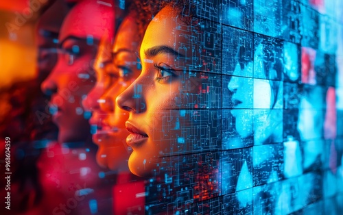 Close-up profiles of diverse women overlaid with digital and technological data, representing the fusion of humanity and advanced technology.