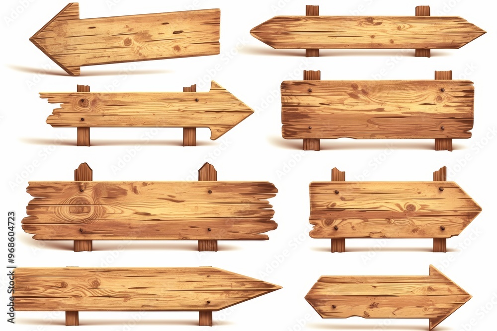 Set of wooden directional signs in various arrow shapes with rustic textures, ideal for guiding directions. All signs are isolated on a white background. Set of wooden directional signs in various arrow shapes with rustic textures, ideal for guiding directions. All signs are isolated on a white background.